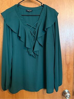 Timing Teal Ruffle V-Neck Long Sleeve Blouse size XXL